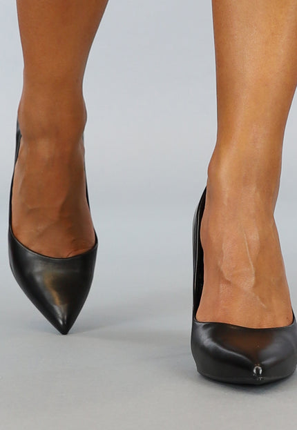 NEW2707 Zwarte Lederlook Pumps met Spitse Neus