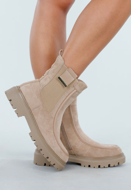 NEW270825 Beige Enkellaarsjes met Chunky Zool
