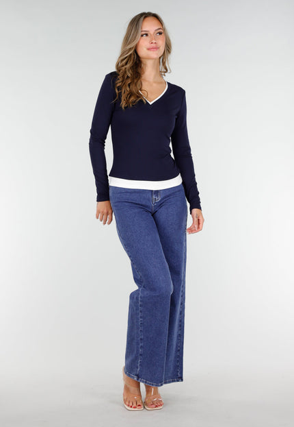 NEW270825 Donkerblauwe Top met V-Hals