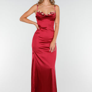 NEW270825 Wijnrode Jurk van Stretch Satijn