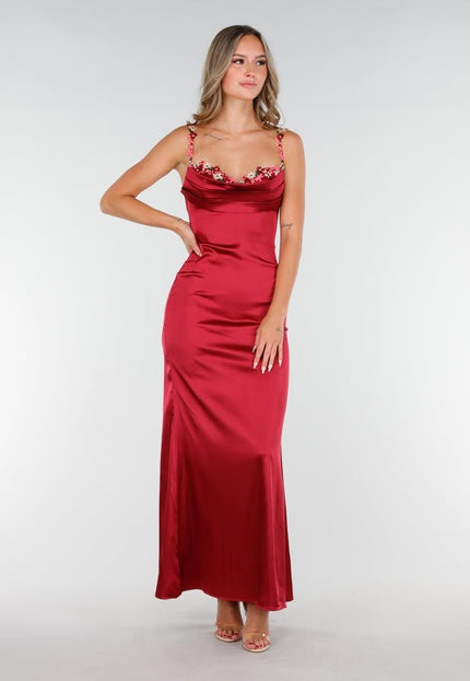 NEW270825 Wijnrode Jurk van Stretch Satijn