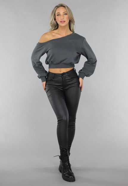 NEW2711 Antraciet Trui met One Shoulder