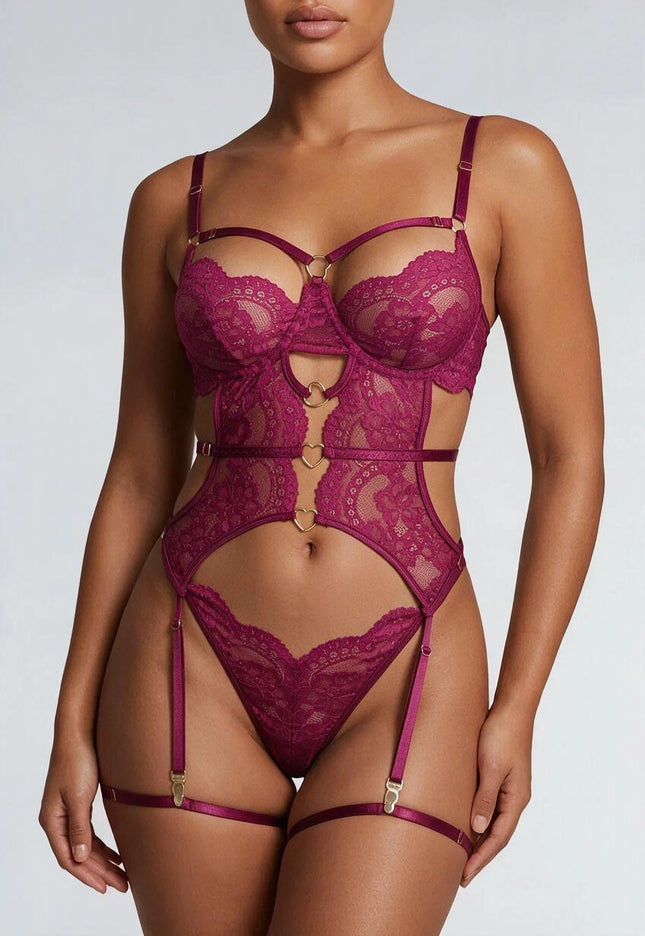 NEW2711 Aubergine Bustier Lingerie Set met Hartjes