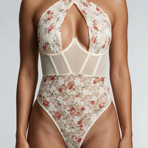 NEW2711 Beige Bodysuit met Vintage Bloemetjes