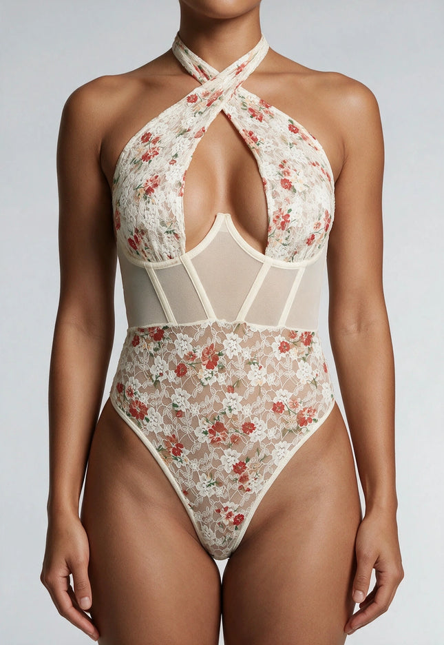 NEW2711 Beige Bodysuit met Vintage Bloemetjes