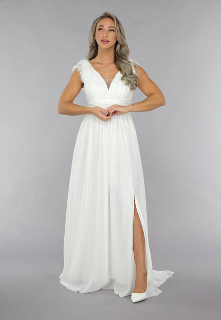 OP=OP.06.NL Lange Witte Chiffon Jurk met Veren Details