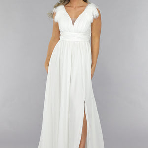 OP=OP.06.NL Lange Witte Chiffon Jurk met Veren Details