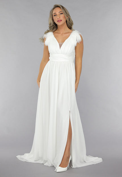 OP=OP.06.NL Lange Witte Chiffon Jurk met Veren Details