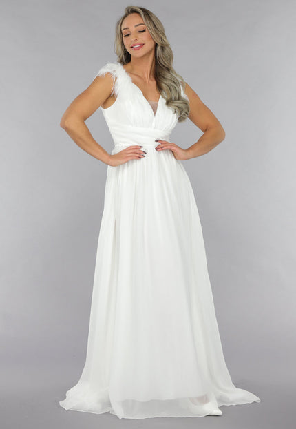 OP=OP.06.NL Lange Witte Chiffon Jurk met Veren Details