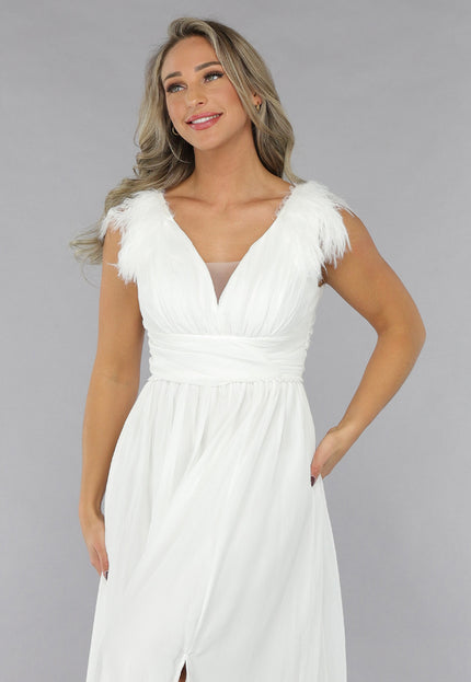 OP=OP.06.NL Lange Witte Chiffon Jurk met Veren Details