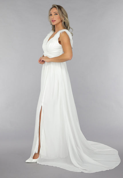 OP=OP.06.NL Lange Witte Chiffon Jurk met Veren Details