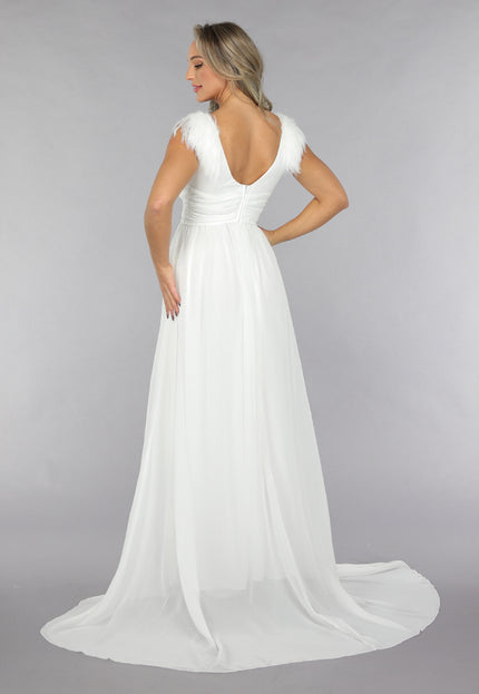 OP=OP.06.NL Lange Witte Chiffon Jurk met Veren Details