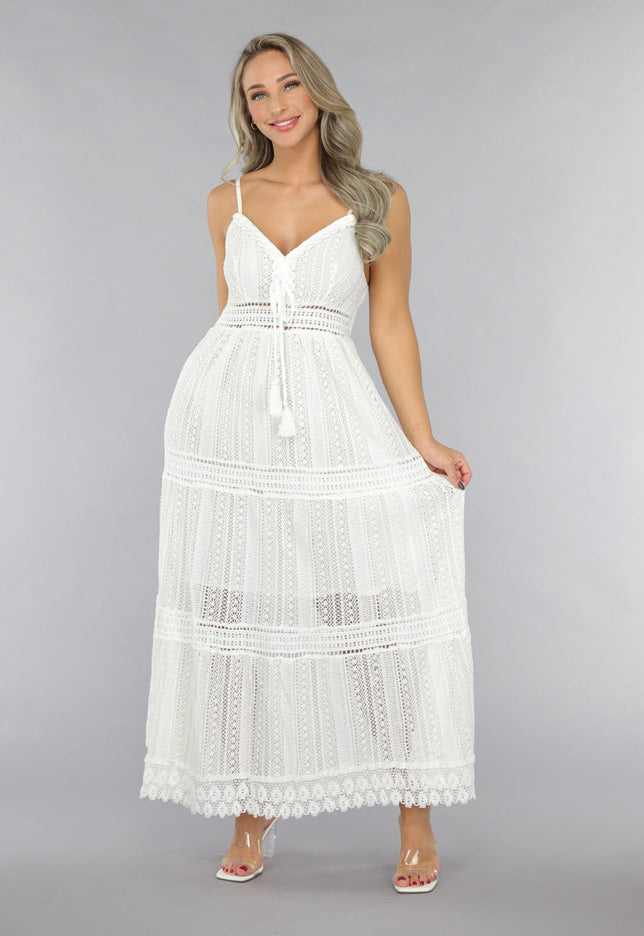 NEW2711 Witte Gehaakte Jurk in Boho Stijl
