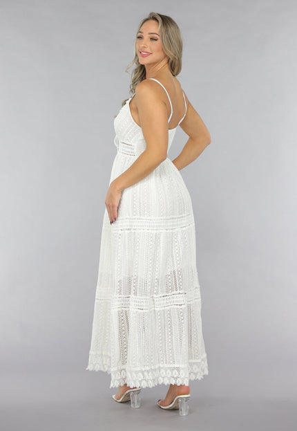 NEW2711 Witte Gehaakte Jurk in Boho Stijl