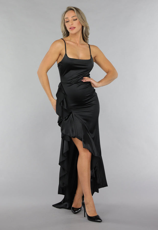 NEW2711 Zwarte Ruffle Avondjurk in Zwart Satin