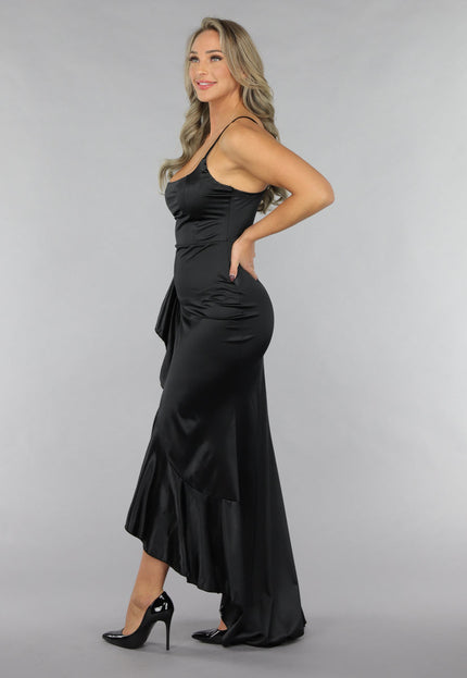 NEW2711 Zwarte Ruffle Avondjurk in Zwart Satin