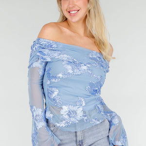 NEW280126 Blauwe Off Shoulder Mesh Top