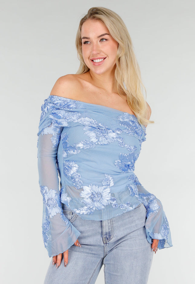 NEW280126 Blauwe Off Shoulder Mesh Top