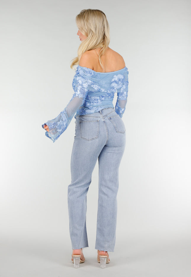 NEW280126 Blauwe Off Shoulder Mesh Top