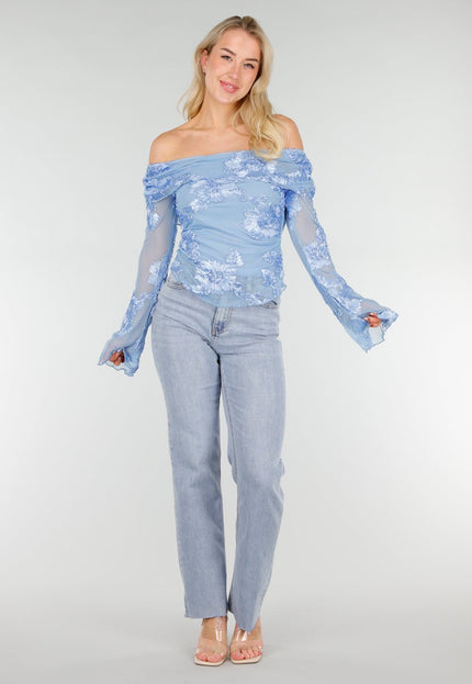 NEW280126 Blauwe Off Shoulder Mesh Top