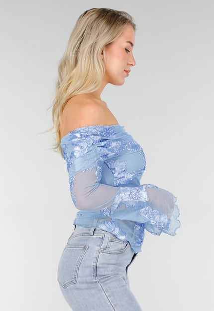 NEW280126 Blauwe Off Shoulder Mesh Top