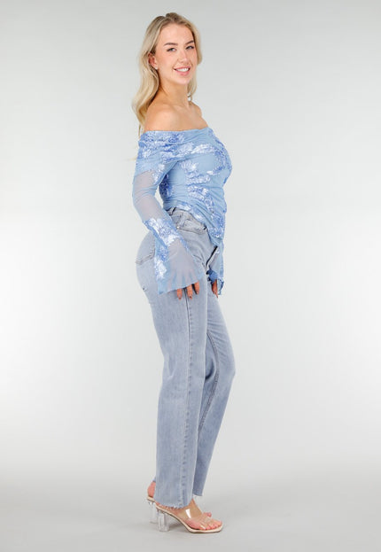 NEW280126 Blauwe Off Shoulder Mesh Top