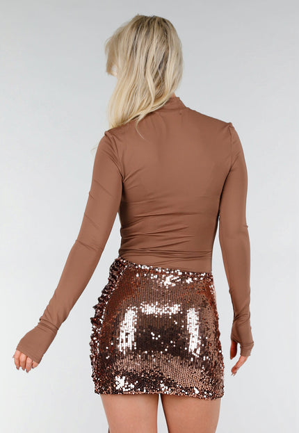 NEW280126 Bruine Pailletten Rok Set met Top
