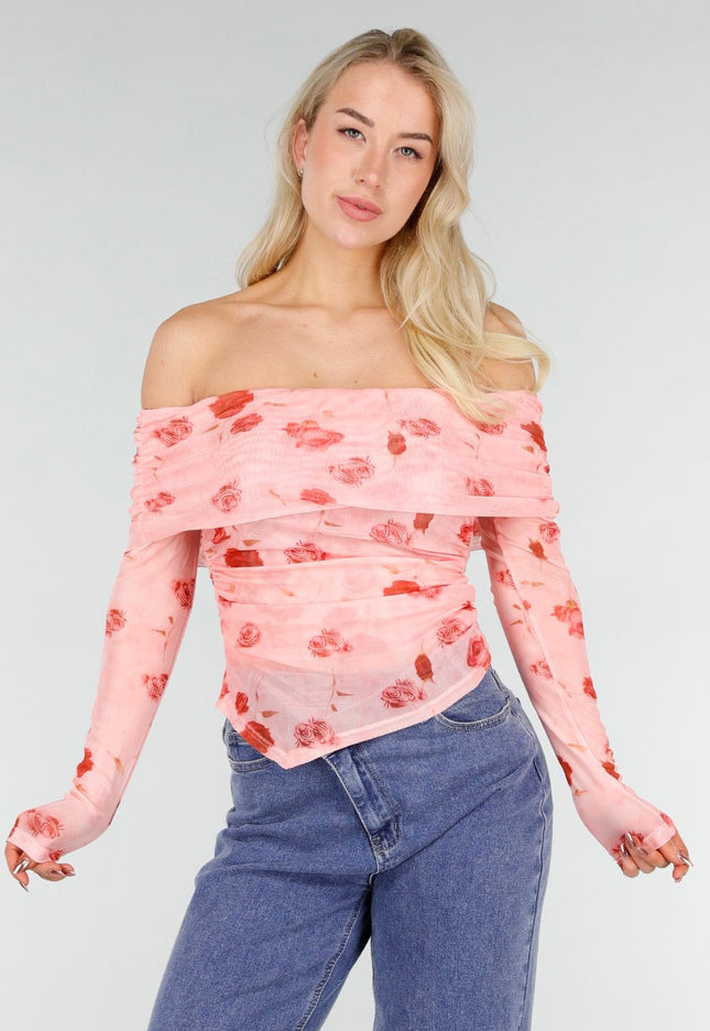 NEW280126 Roze Off Shoulder Mesh Top