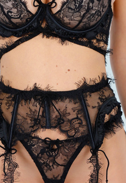 NEW280126 Zwarte Kanten Lingerie Set met Jarretels
