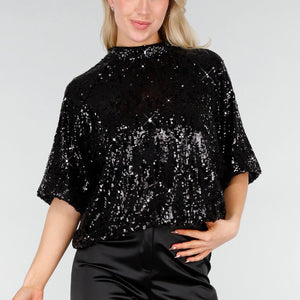 NEW280126 Zwarte Pailletten Top met Korte Mouwen