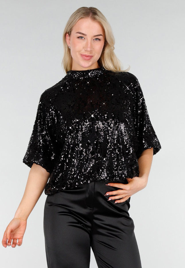NEW280126 Zwarte Pailletten Top met Korte Mouwen