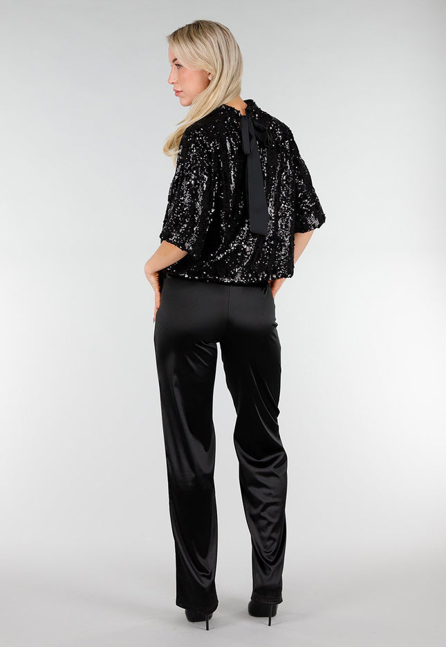NEW280126 Zwarte Pailletten Top met Korte Mouwen