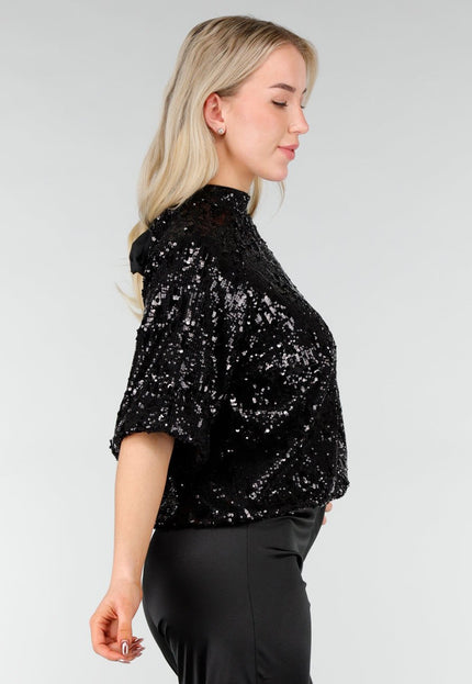 NEW280126 Zwarte Pailletten Top met Korte Mouwen