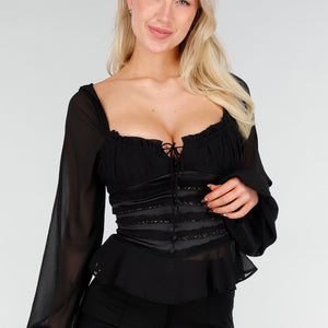 NEW280126 Zwarte Top met Kant en Ruches