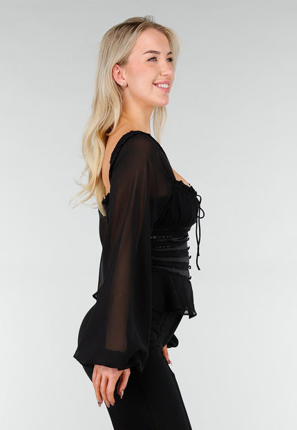 NEW280126 Zwarte Top met Kant en Ruches