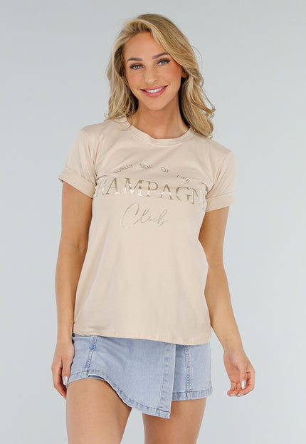 NEW280525 Beige Katoenen T-shirt met Champagne Club
