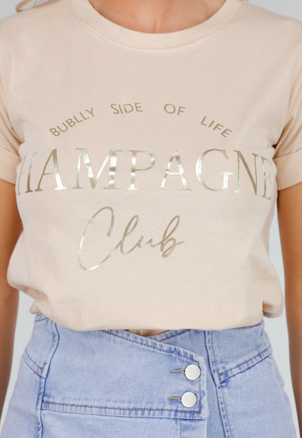 NEW280525 Beige Katoenen T-shirt met Champagne Club