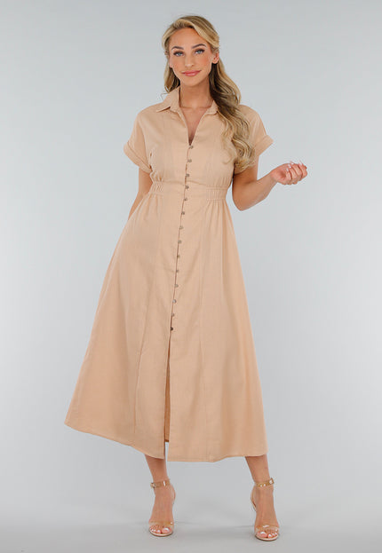 NEW280525 Beige Linnenlook Knoopjurk met Elastische Taille