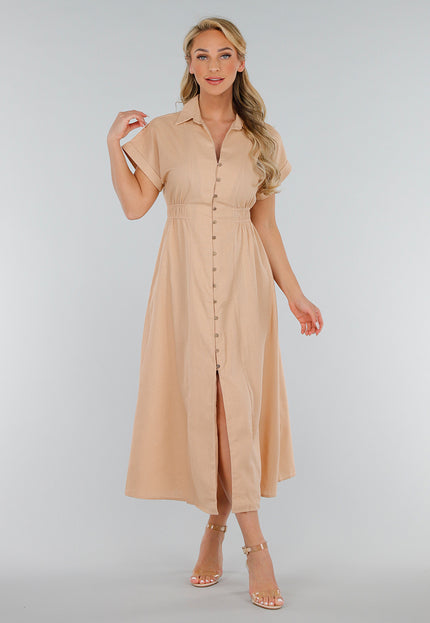 NEW280525 Beige Linnenlook Knoopjurk met Elastische Taille