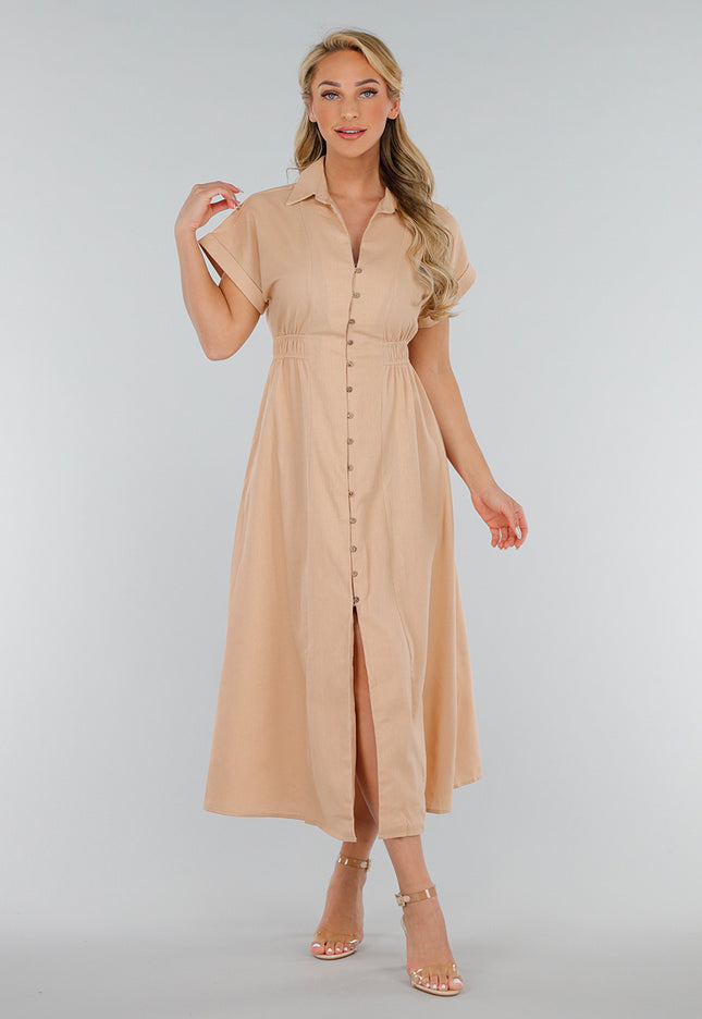 NEW280525 Beige Linnenlook Knoopjurk met Elastische Taille