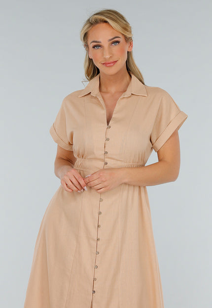 NEW280525 Beige Linnenlook Knoopjurk met Elastische Taille
