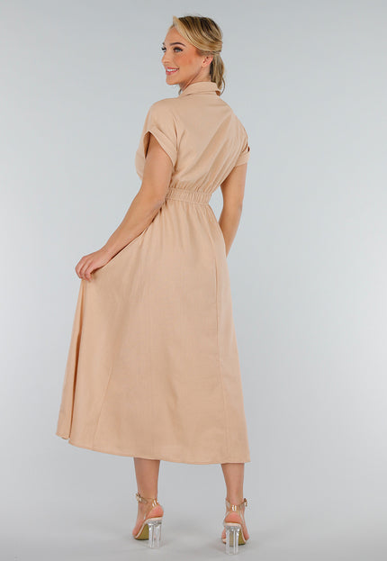 NEW280525 Beige Linnenlook Knoopjurk met Elastische Taille