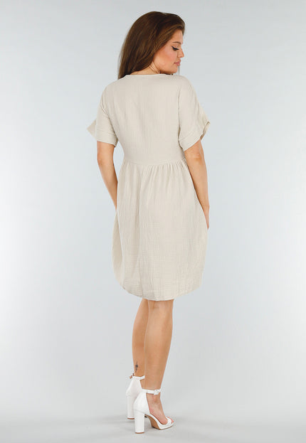 NEW280525 Beige Losvallende Jurk met Korte Mouw