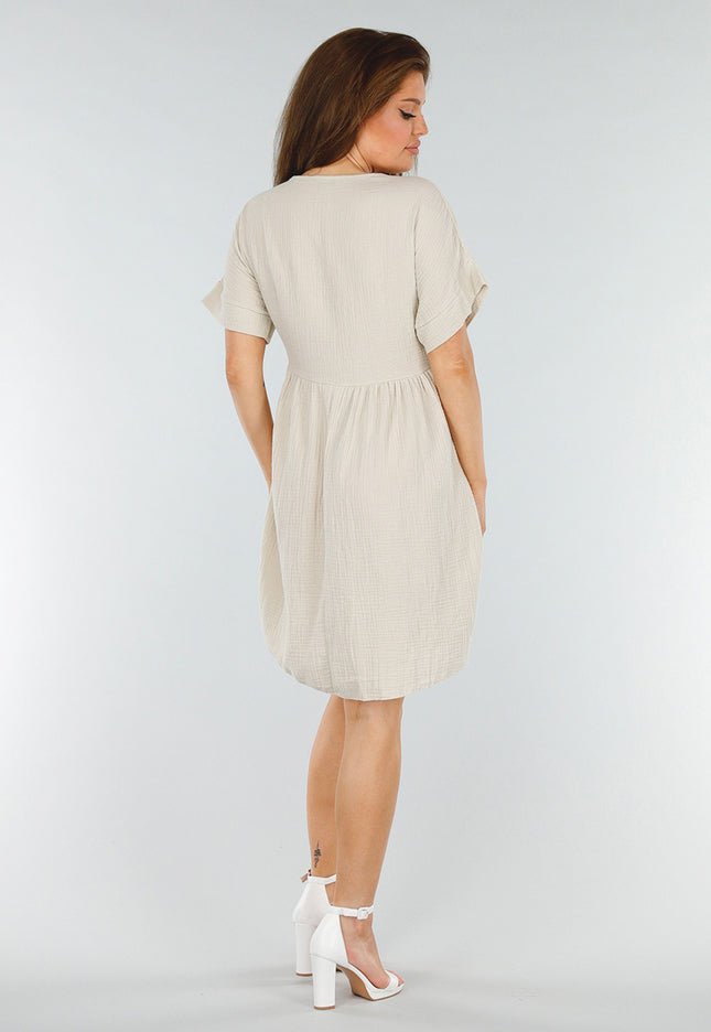 NEW280525 Beige Losvallende Jurk met Korte Mouw