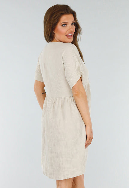 NEW280525 Beige Losvallende Jurk met Korte Mouw