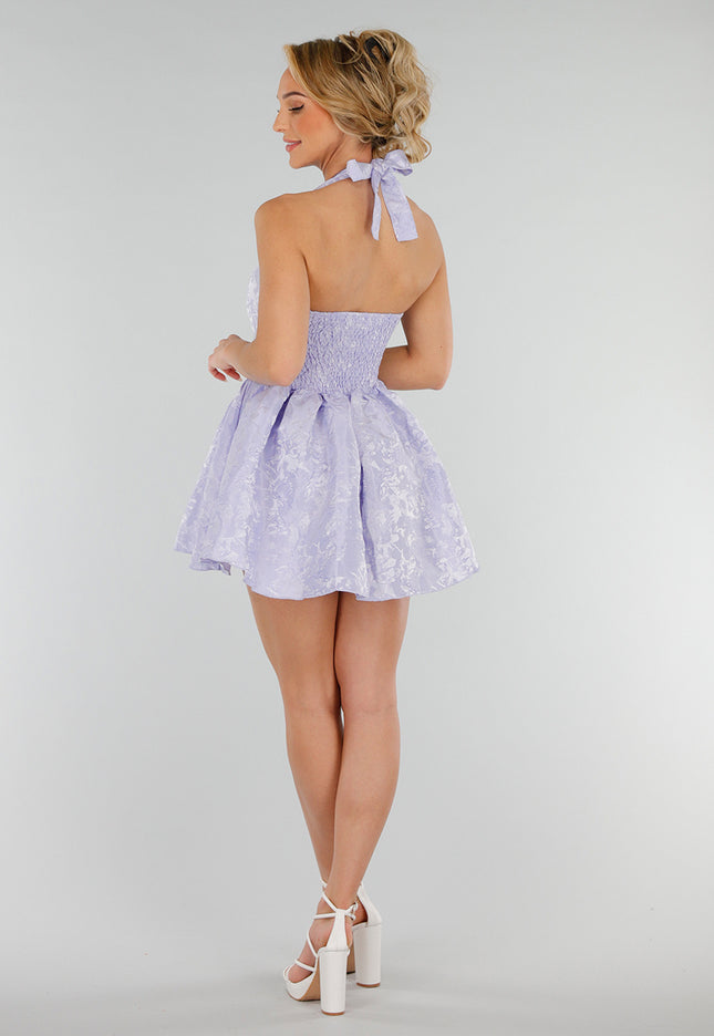 NEW280525 Lila Halter Jacquard Mini Jurk