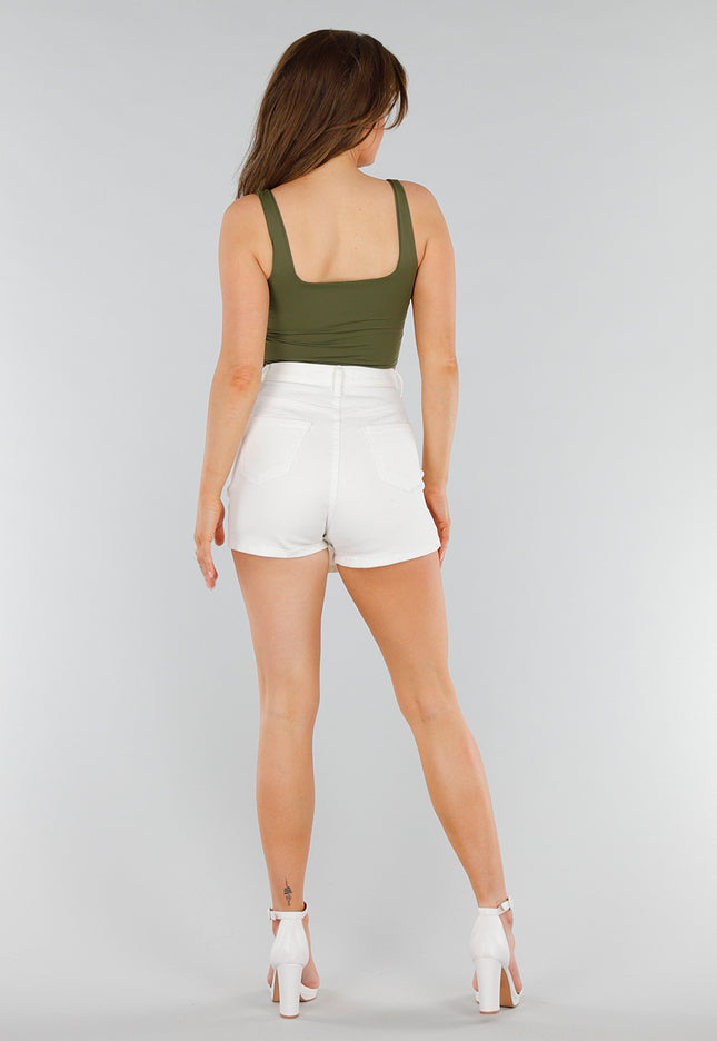 NEW280525 Olijfgroene Stretch Top met Vierkante Hals