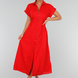 NEW280525 Rode Getailleerde Midi Overhemdjurk