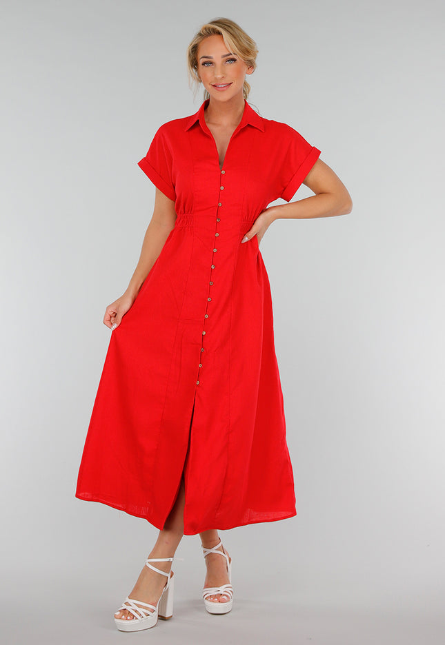 NEW280525 Rode Getailleerde Midi Overhemdjurk