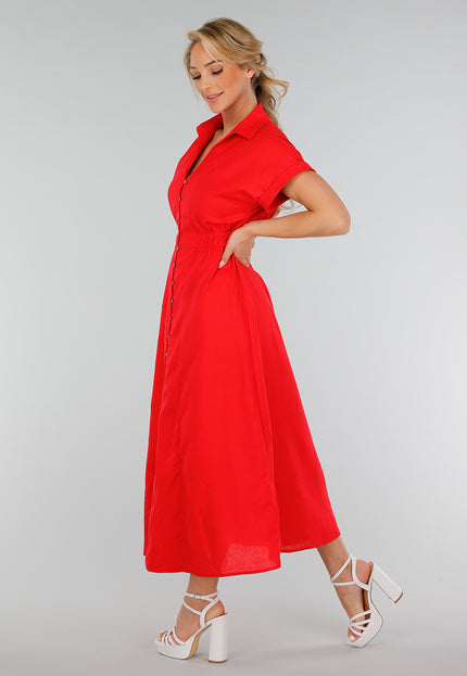 NEW280525 Rode Getailleerde Midi Overhemdjurk